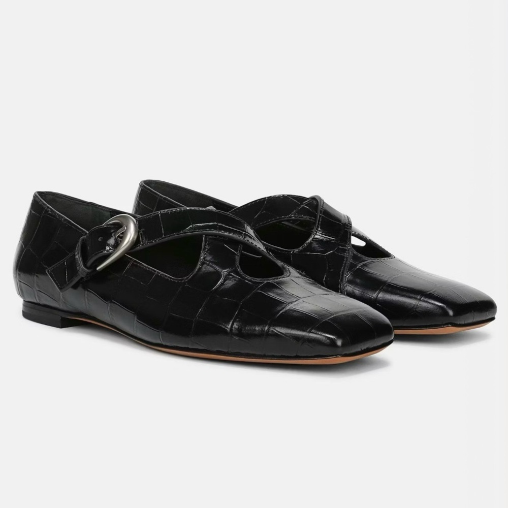 Vince Cici Croc-Embossed Leather Flats | Black | Size 6 | NWOB
